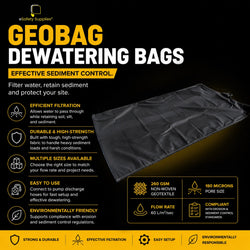 Heavy-duty non-woven geotextile dewatering bag connected to a pump discharge hose, filtering sediment and releasing clean water on a worksite.