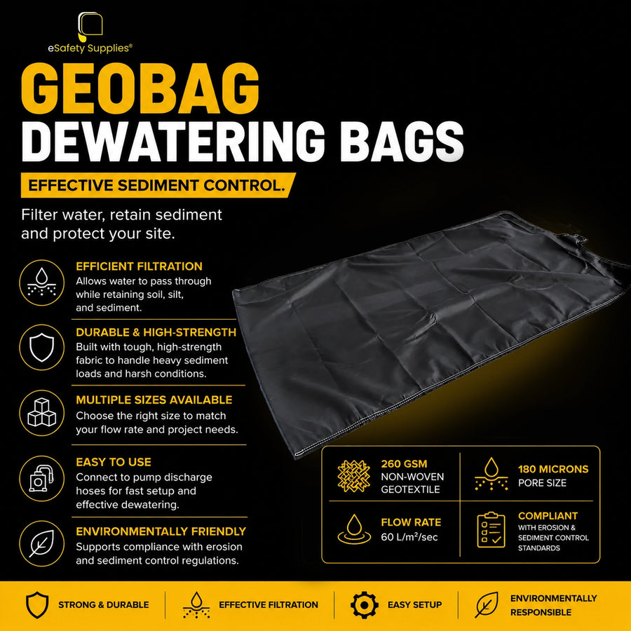 Heavy-duty non-woven geotextile dewatering bag connected to a pump discharge hose, filtering sediment and releasing clean water on a worksite.