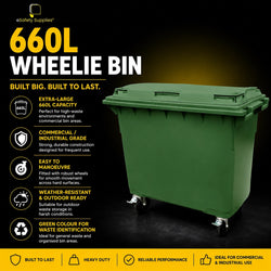 Heavy-duty green 660-litre commercial wheelie bin with robust wheels and a secure lid for industrial waste storage.
