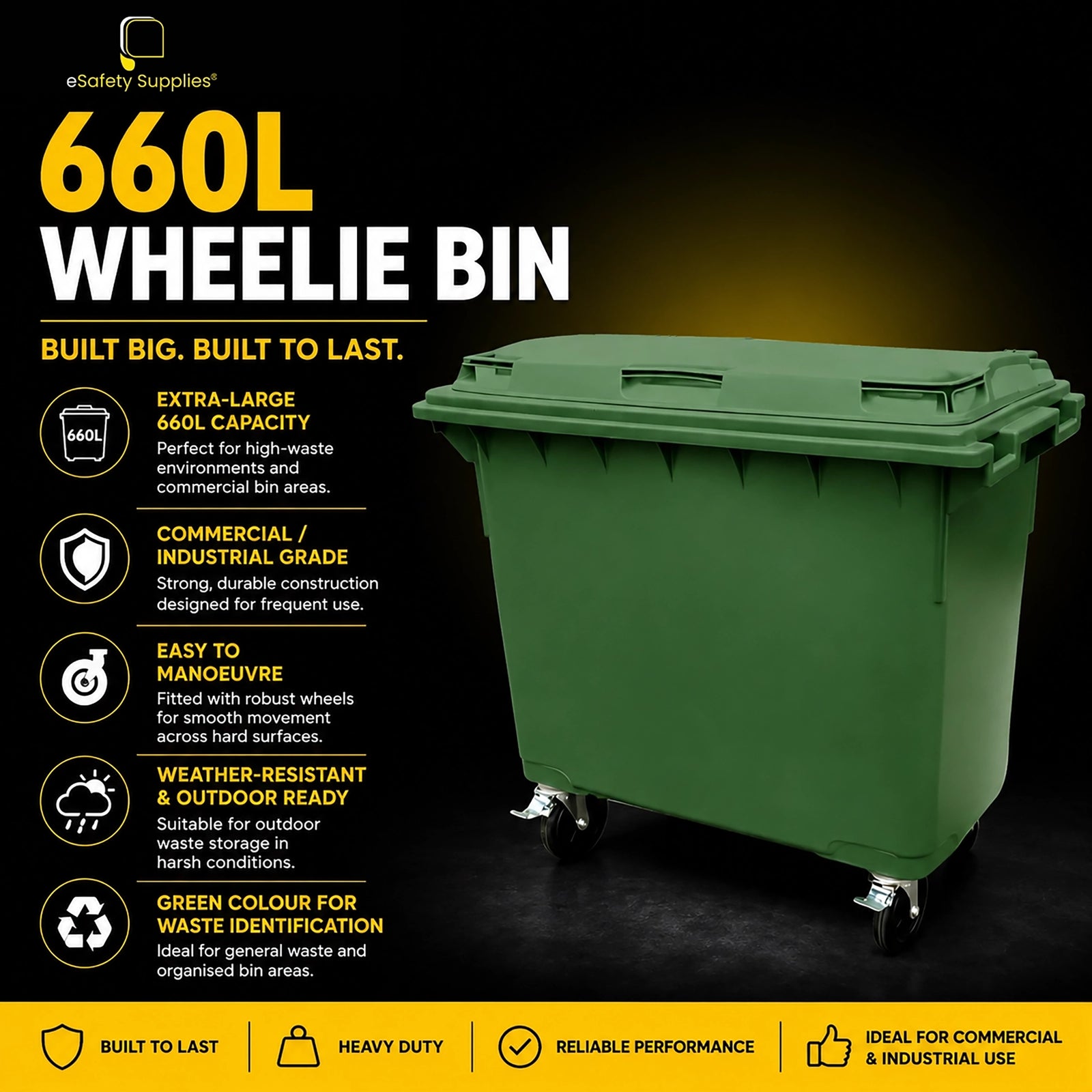 Heavy-duty green 660-litre commercial wheelie bin with robust wheels and a secure lid for industrial waste storage.