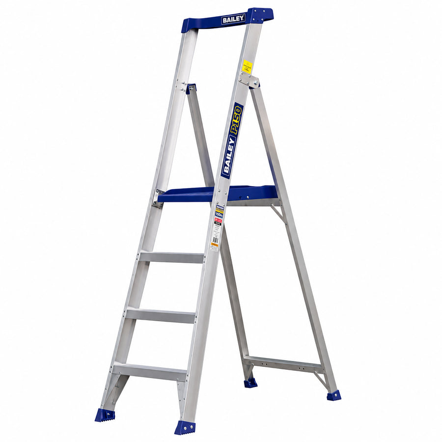 4-step heavy-duty aluminium platform stepladder with cross-braced frame and multi-function tool organizer tray at the top.