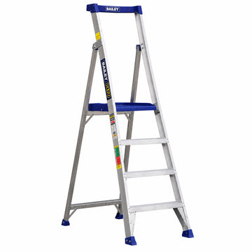 1.2m riveted aluminium 4-step platform stepladder featuring a 500x400mm checker plate anti-slip deck and Pro Punchlock tool storage top cap.