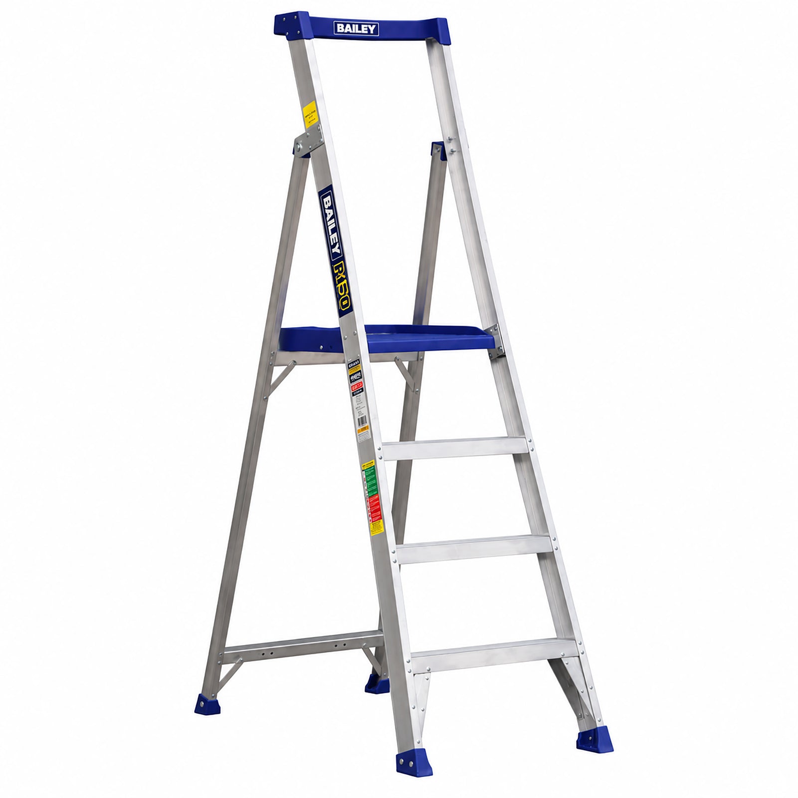 1.2m riveted aluminium 4-step platform stepladder featuring a 500x400mm checker plate anti-slip deck and Pro Punchlock tool storage top cap.