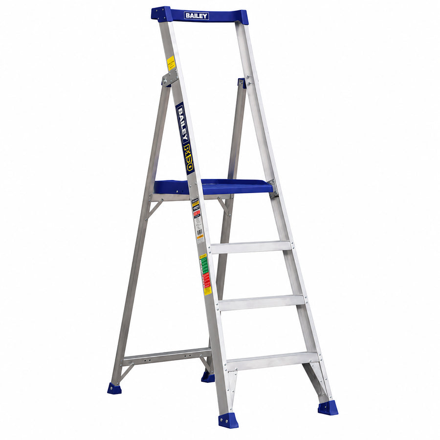 1.2m riveted aluminium 4-step platform stepladder featuring a 500x400mm checker plate anti-slip deck and Pro Punchlock tool storage top cap.
