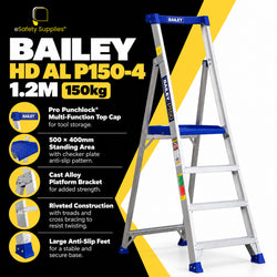 Industrial duty 150kg load-rated aluminium platform ladder with 4 wide anti-slip treads, cast alloy pivot bracket, and large rubber feet.
