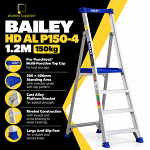 Industrial duty 150kg load-rated aluminium platform ladder with 4 wide anti-slip treads, cast alloy pivot bracket, and large rubber feet.
