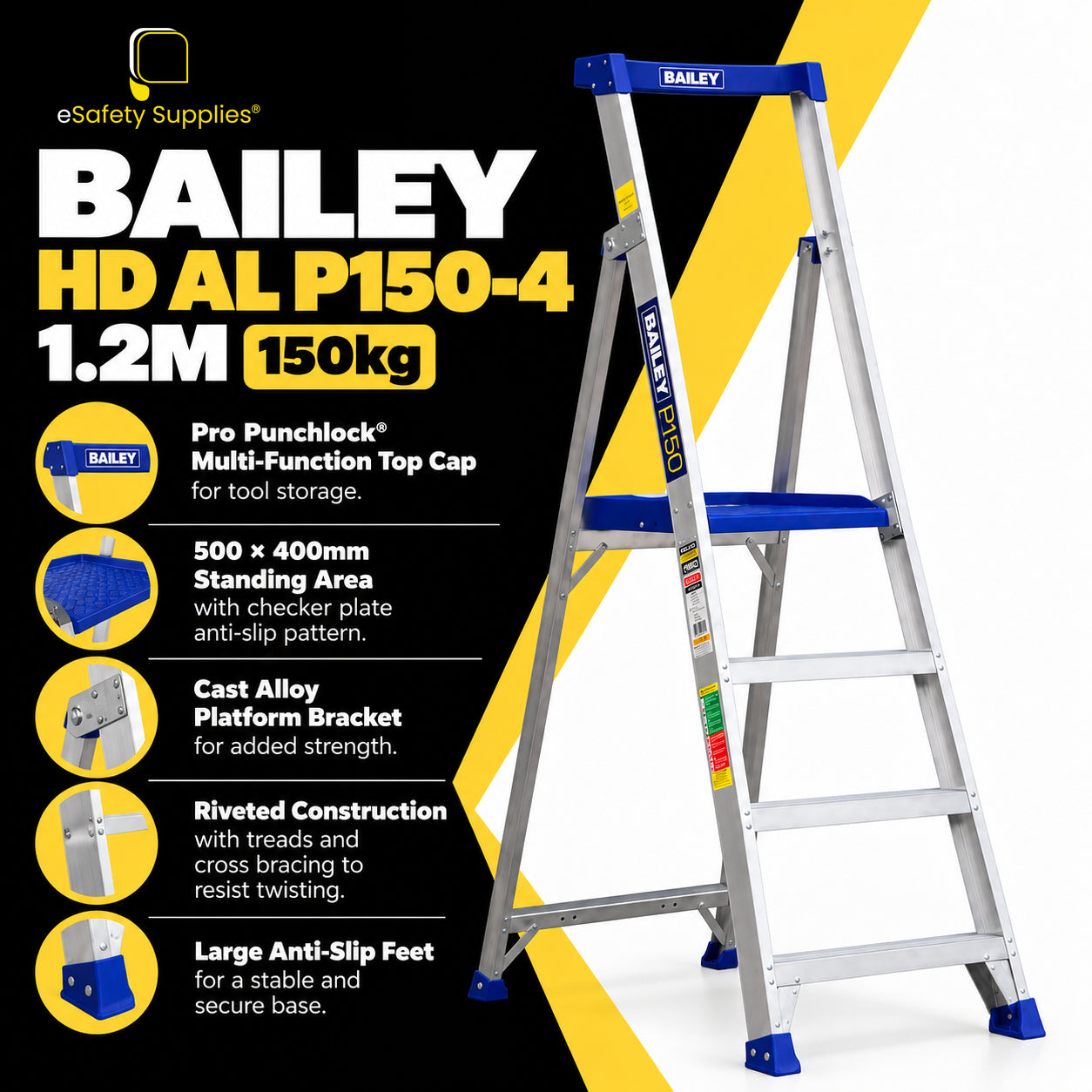 Industrial duty 150kg load-rated aluminium platform ladder with 4 wide anti-slip treads, cast alloy pivot bracket, and large rubber feet.
