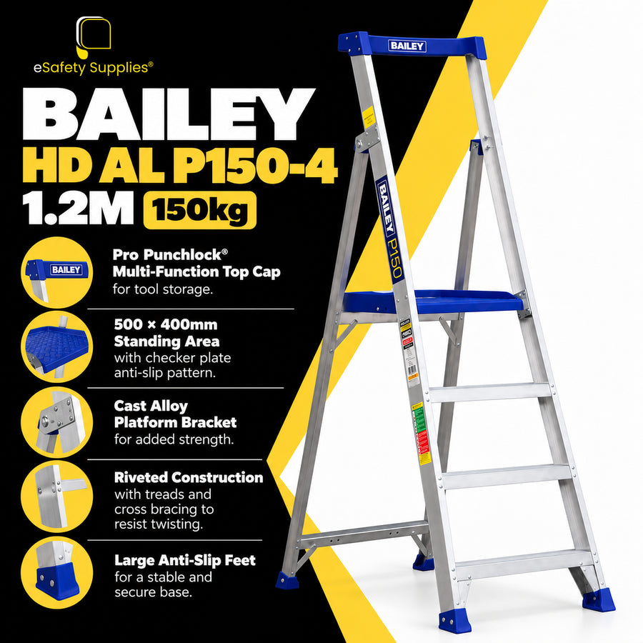 Industrial duty 150kg load-rated aluminium platform ladder with 4 wide anti-slip treads, cast alloy pivot bracket, and large rubber feet.