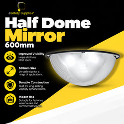 600mm acrylic half-dome convex mirror with a wide-angle reflective surface for blind spot monitoring on walls and T-intersections.