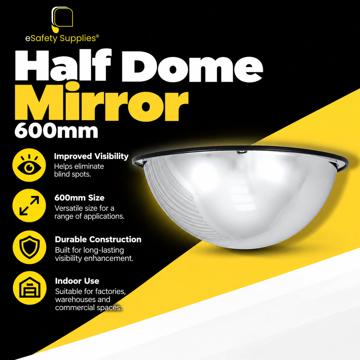 600mm acrylic half-dome convex mirror with a wide-angle reflective surface for blind spot monitoring on walls and T-intersections.