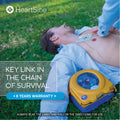Person receiving CPR with a HeartSine defibrillator on grass, featuring HeartSine branding.
