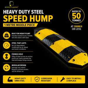 1-metre modular black and yellow 5mm steel speed hump middle section with six anchor points for heavy vehicle traffic.