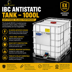 1000L EX-rated antistatic IBC tank with black protective inner container enclosed in a heavy-duty steel outer cage on a forklift pallet base.