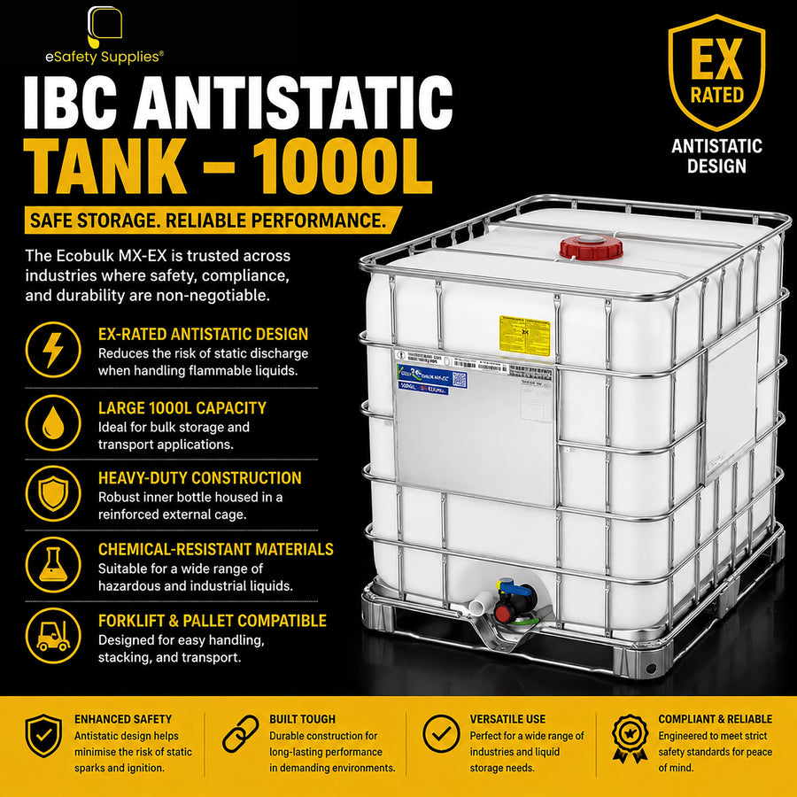 1000L EX-rated antistatic IBC tank with black protective inner container enclosed in a heavy-duty steel outer cage on a forklift pallet base.
