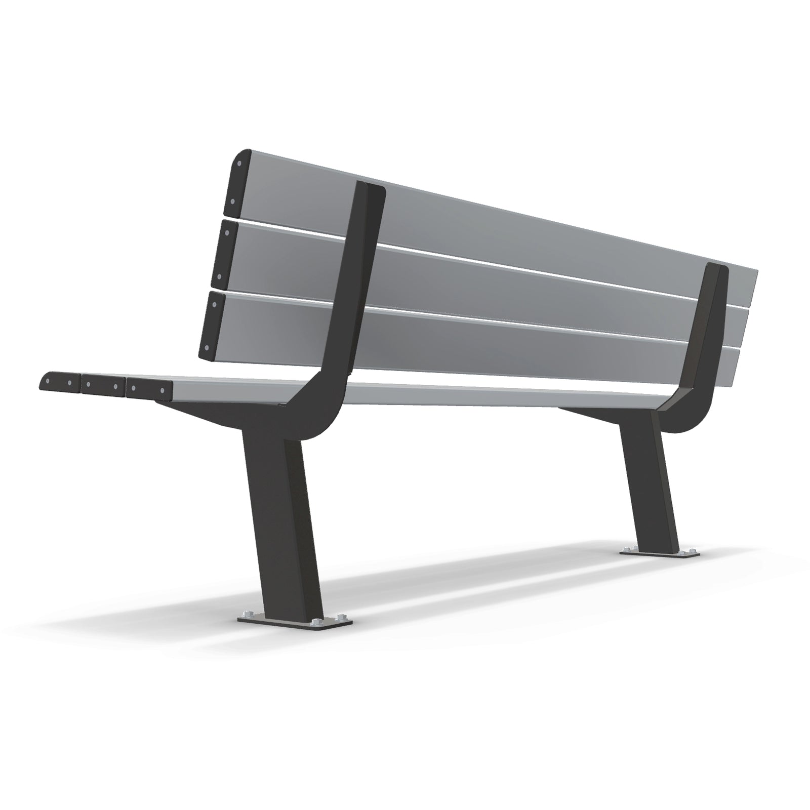 Alt Text: Integra-EX 2m Park Seat, Heavy-Duty 2000mm Anodised Aluminium Outdoor Bench with Vandal-Resistant Surface Mount Design.