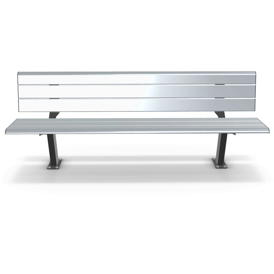 Alt Text: Integra-EX 2m Park Seat, Heavy-Duty 2000mm Anodised Aluminium Outdoor Bench with Vandal-Resistant Surface Mount Design.
