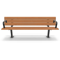 Close-up of integrated armrests on a Blackbutt timber-look aluminium seat, providing accessibility support for elderly and mobility-impaired users.
