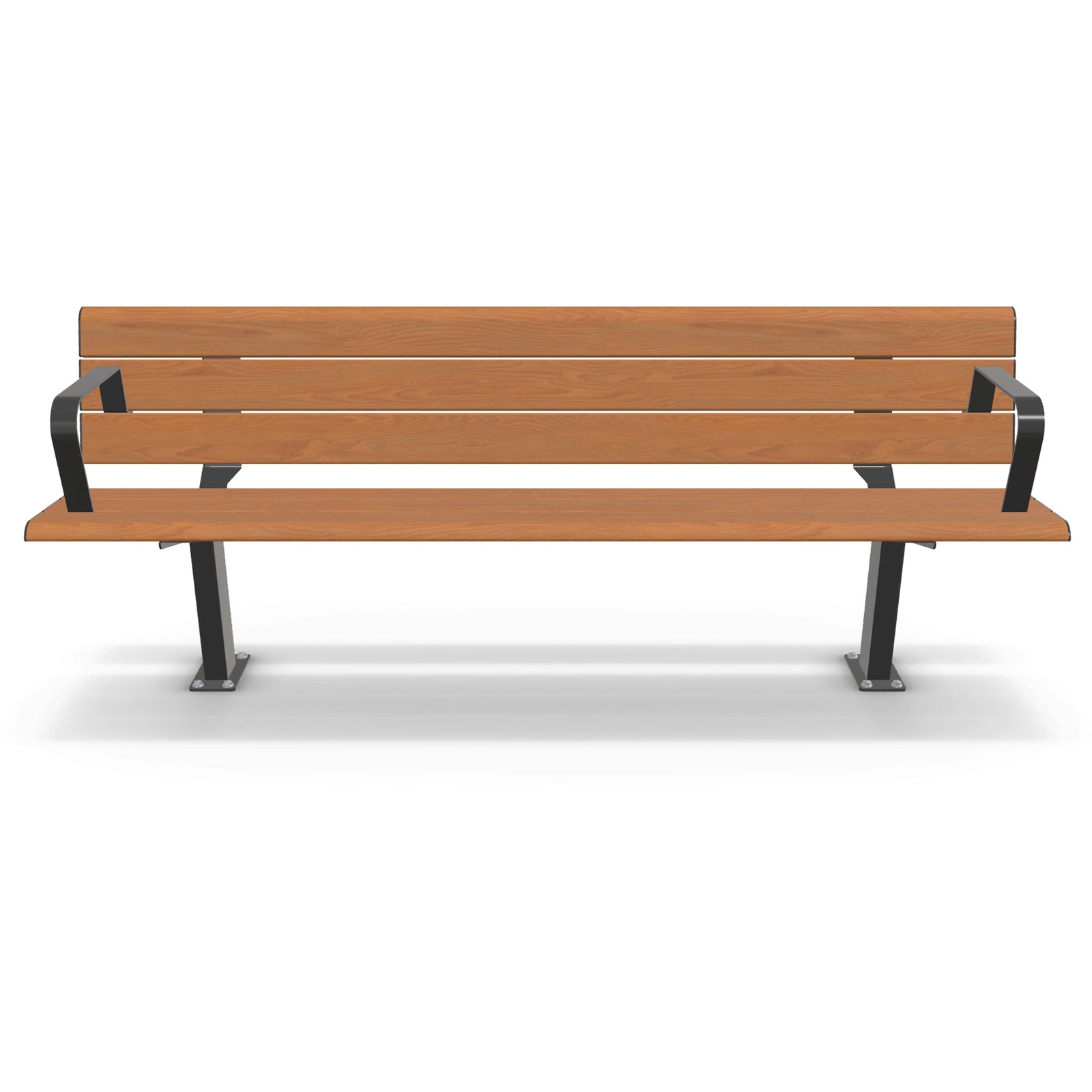 Close-up of integrated armrests on a Blackbutt timber-look aluminium seat, providing accessibility support for elderly and mobility-impaired users.