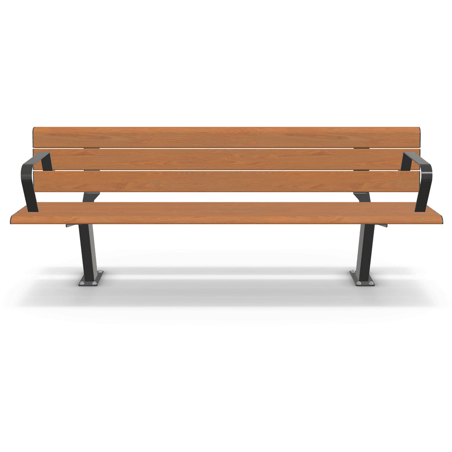 Close-up of integrated armrests on a Blackbutt timber-look aluminium seat, providing accessibility support for elderly and mobility-impaired users.