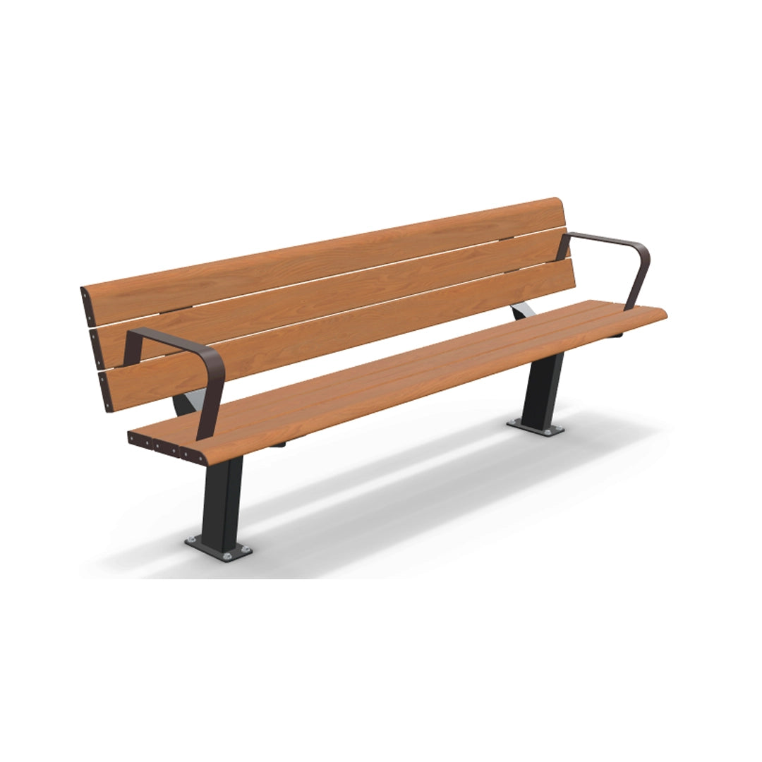 Close-up of integrated armrests on a Blackbutt timber-look aluminium seat, providing accessibility support for elderly and mobility-impaired users.