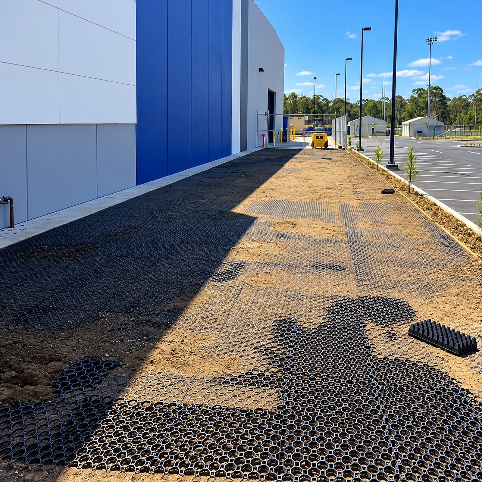 Permeable ground reinforcement grid showing the interconnected cellular structure designed to protect grass roots and handle light vehicle loads.