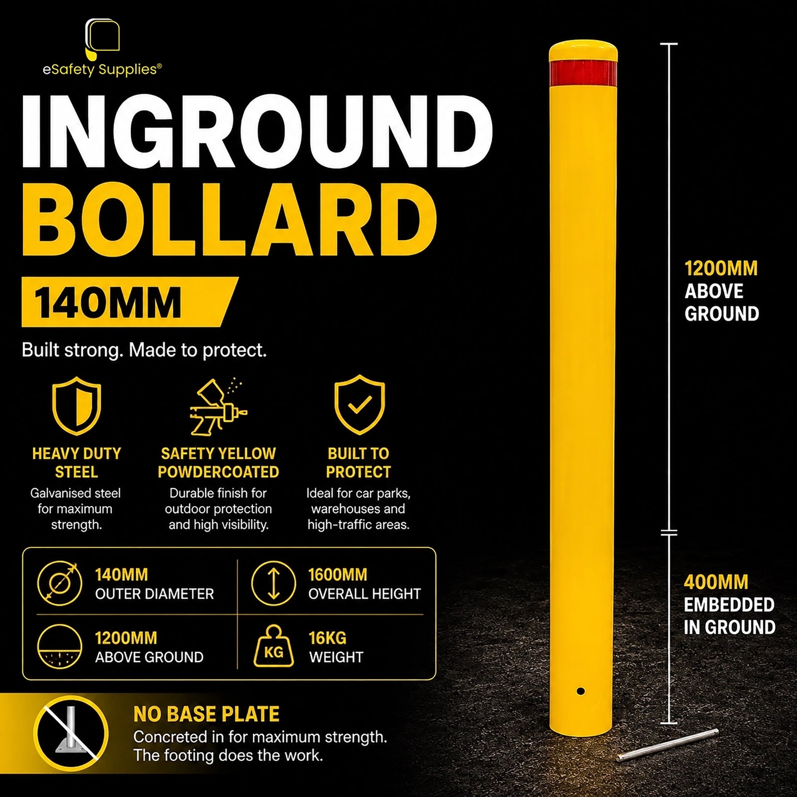 Powdercoated safety yellow 140mm x 1600mm heavy-duty steel inground bollard designed for concrete-embedded installation.