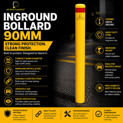 Heavy-duty yellow 90mm steel inground bollard designed for concrete core-drilled installation to protect walkways and property.