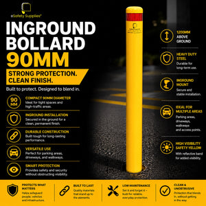 Heavy-duty yellow 90mm steel inground bollard designed for concrete core-drilled installation to protect walkways and property.