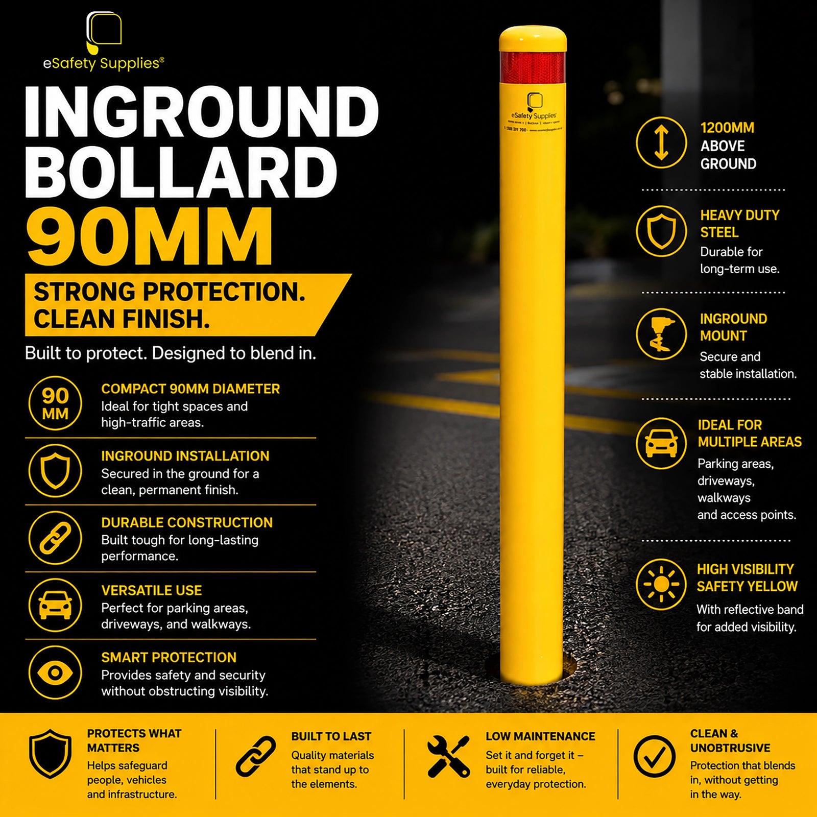 Heavy-duty yellow 90mm steel inground bollard designed for concrete core-drilled installation to protect walkways and property.