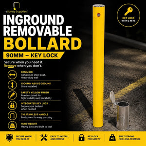 Powdercoated yellow 90mm x 1000mm inground removable steel bollard with flush ground sleeve, integrated key lock, and 316 stainless fold-down handle.