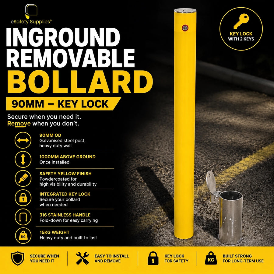 Powdercoated yellow 90mm x 1000mm inground removable steel bollard with flush ground sleeve, integrated key lock, and 316 stainless fold-down handle.