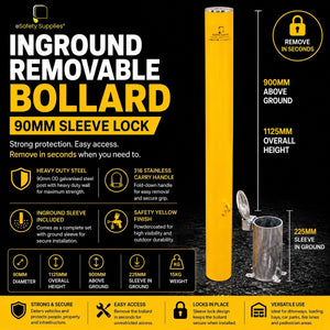 Powdercoated yellow 90mm x 900mm inground removable steel bollard with a flush-fit ground sleeve, padlock hinge, and 316 stainless fold-down handle.