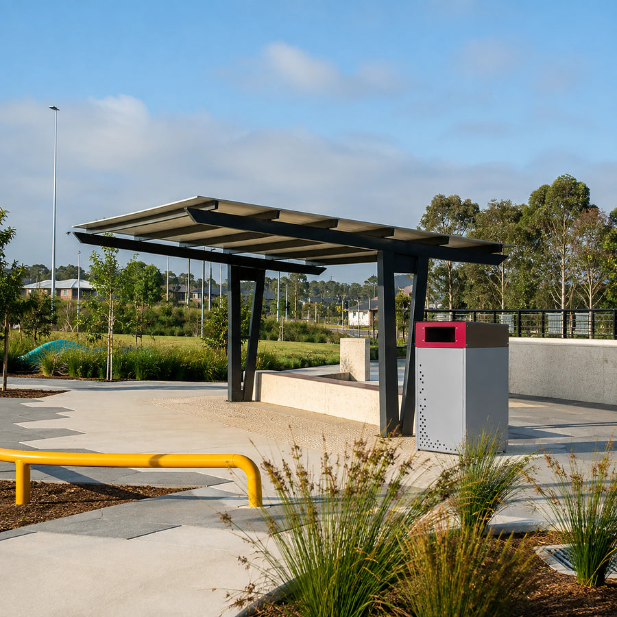 Deluxe powdercoated zinc steel enclosure for 120L waste bins.