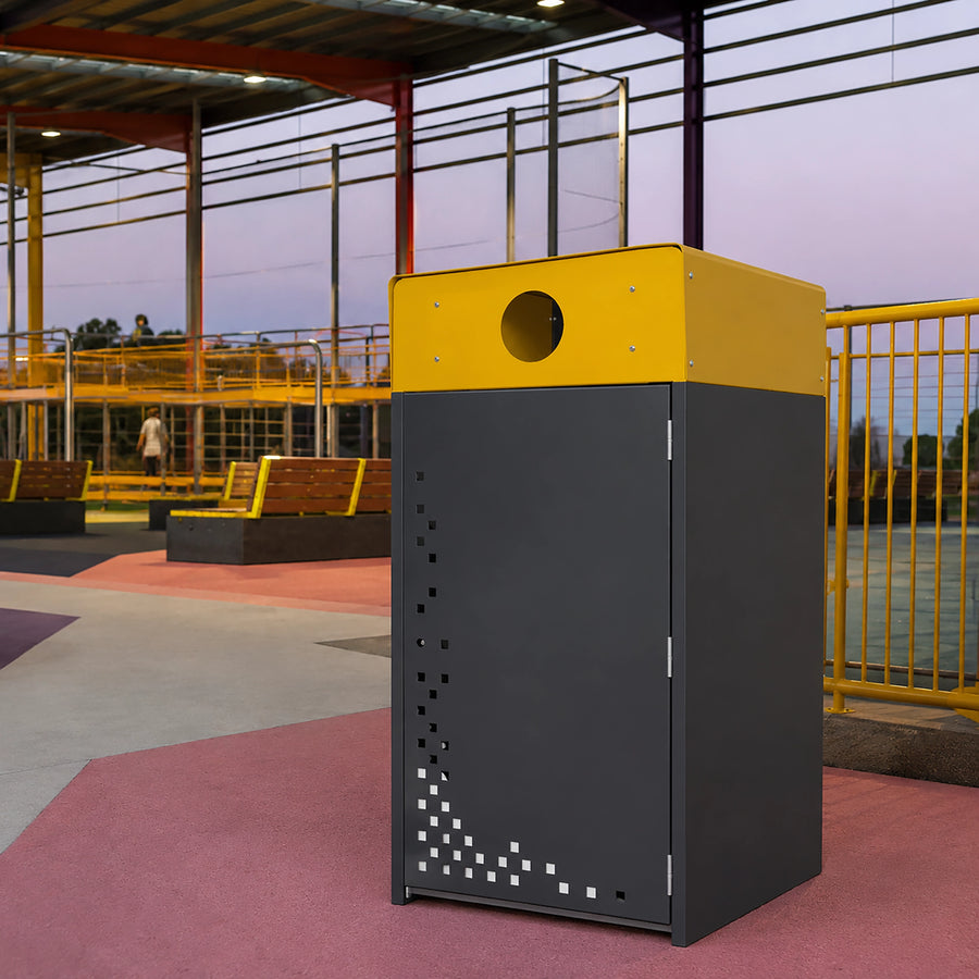 Deluxe powdercoated zinc steel enclosure for 240L recycling bins.