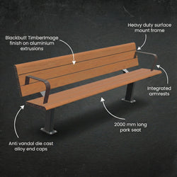 Close-up of integrated armrests on a Blackbutt timber-look aluminium seat, providing accessibility support for elderly and mobility-impaired users.