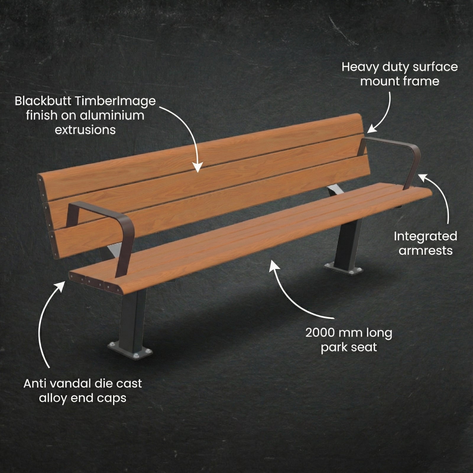 Close-up of integrated armrests on a Blackbutt timber-look aluminium seat, providing accessibility support for elderly and mobility-impaired users.