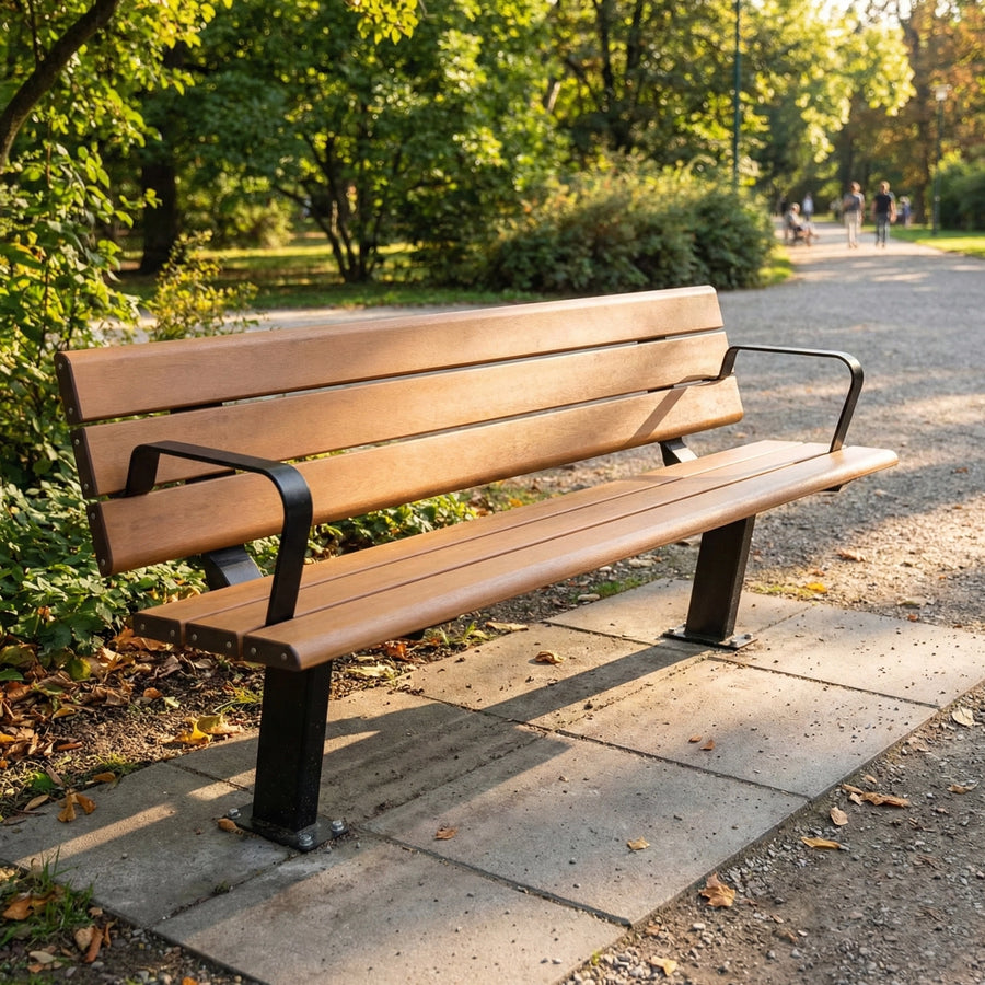 Close-up of integrated armrests on a Blackbutt timber-look aluminium seat, providing accessibility support for elderly and mobility-impaired users.
