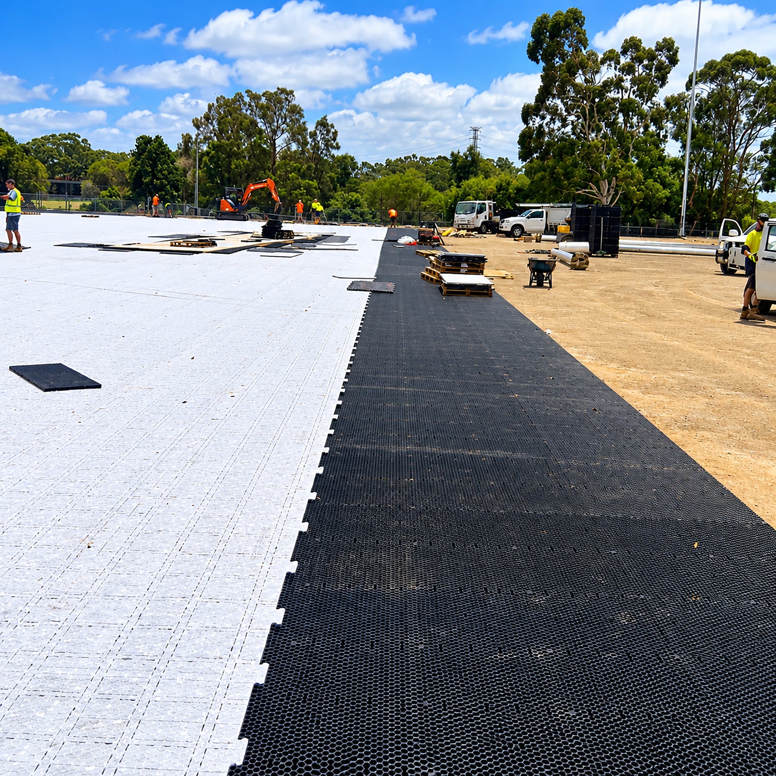 High-strength 30mm plastic drainage cell grid designed to replace heavy aggregate layers in rooftop gardens, podium decks, and planter boxes.