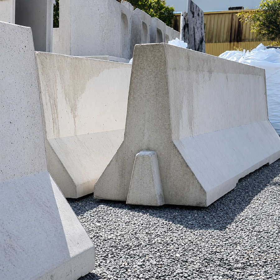 Interlocking 3m concrete Jersey barrier placed on-site for roadwork traffic separation and perimeter protection.