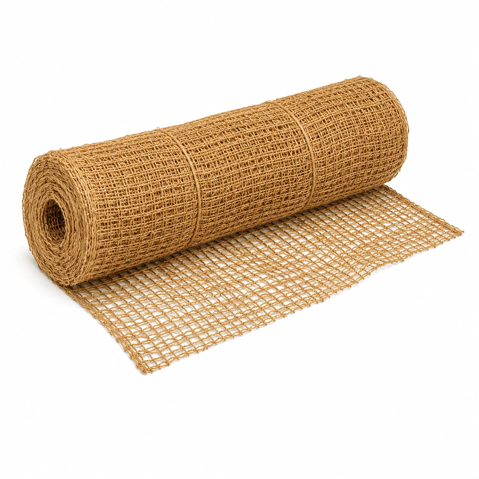 Biodegradable Jute Mesh Matting rolled out and pinned over a sloped highway embankment, demonstrating professional civil erosion control.