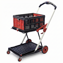 Black and red cart with a crate on a white background