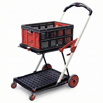 Black and red cart with a crate on a white background