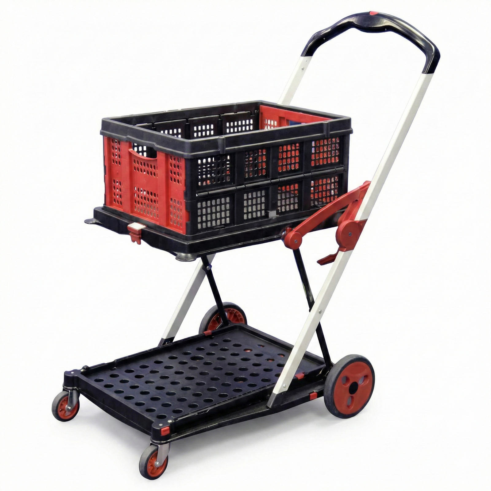 Black and red cart with a crate on a white background
