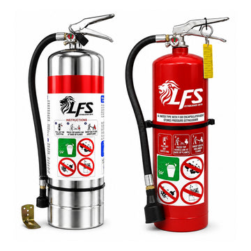 Stainless steel F-500 EA water-type fire extinguisher with hose and wall bracket for Class A and lithium-ion battery fire protection.