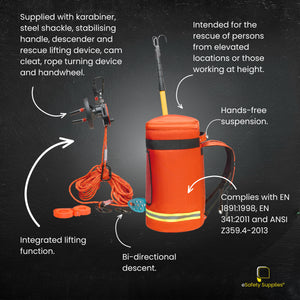 Features a high-performance rescue lifting device with a handwheel and cam cleat, allowing rescuers to raise a casualty to a safe ledge or disconnect them from a fall-arrest system before descent.
