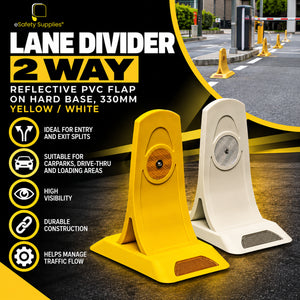 Two-part flexible lane divider featuring a high-visibility yellow PVC flap mounted on a durable hard plastic base with dual-sided reflective panels.
