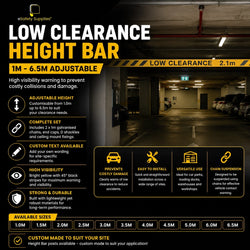 High-visibility aluminium height clearance bar suspended by chains, designed to prevent vehicle damage at car park and warehouse entries.