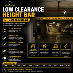 High-visibility aluminium height clearance bar suspended by chains, designed to prevent vehicle damage at car park and warehouse entries.