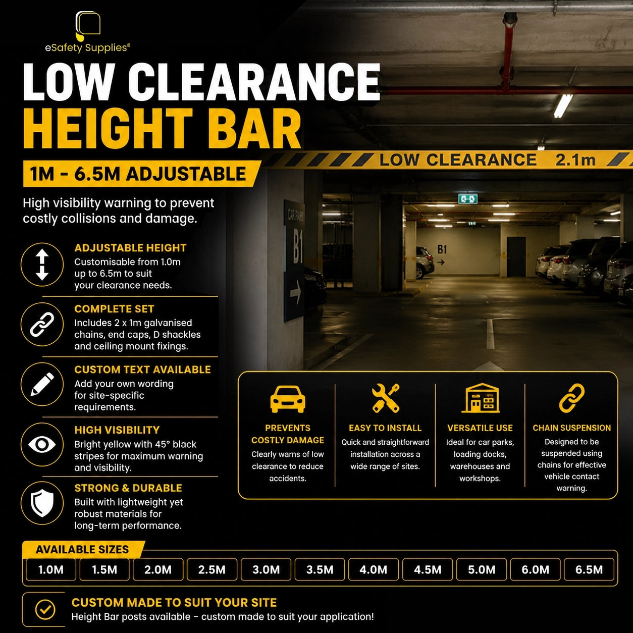 High-visibility aluminium height clearance bar suspended by chains, designed to prevent vehicle damage at car park and warehouse entries.