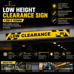 Custom Class 1 reflective aluminium low height clearance sign measuring 1.5m long by 150mm high for parking structures and loading bays.
